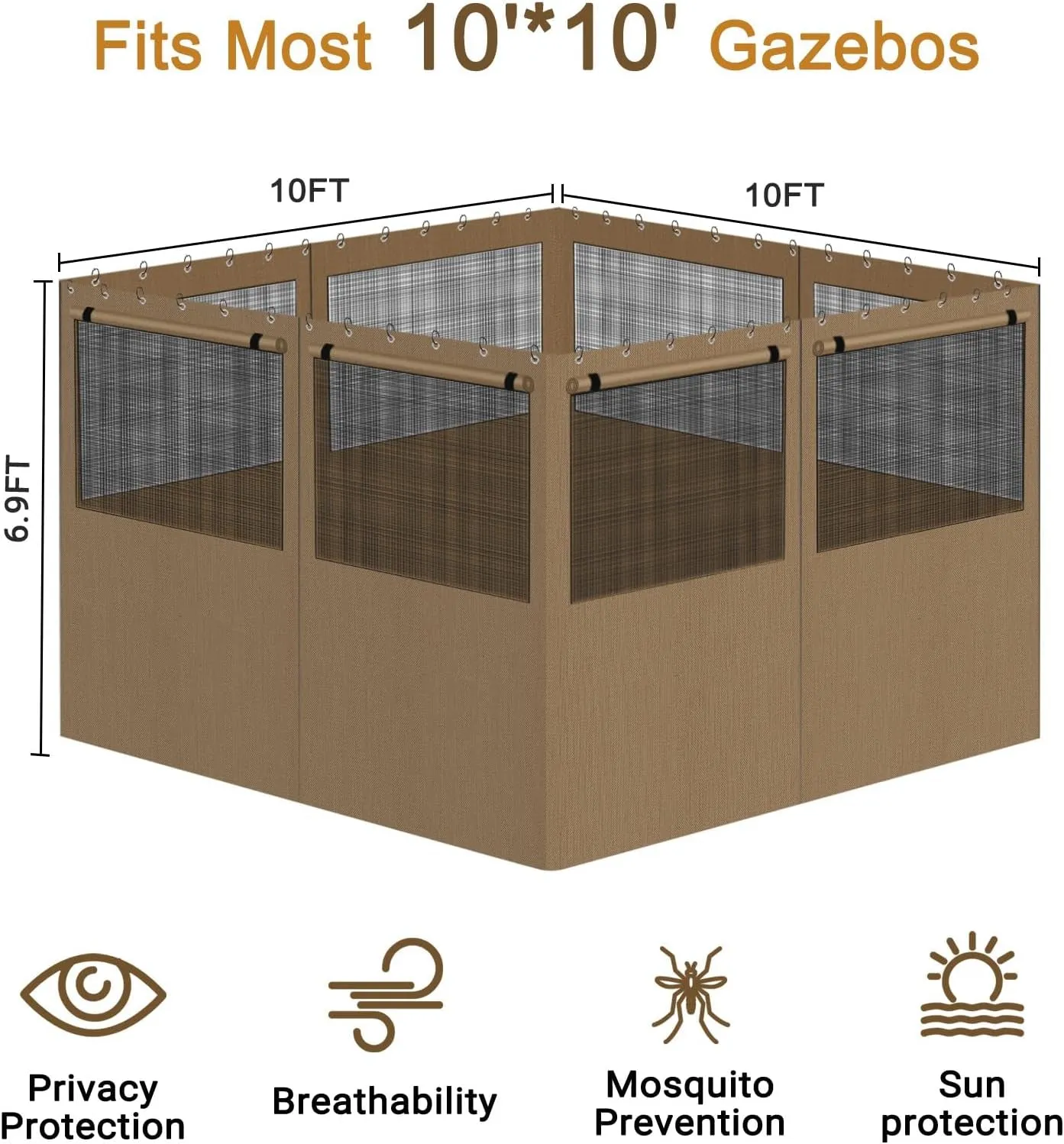 Gazebo Privacy Curtain 10'X10', Replacement Curtains with Mosquito Net Windows, 4-Panels Side Wall, Zippers, Waterproof Outdoor Curtains for Patio, Canopy, Garden and Backyard, Khaki (Curtain Only)