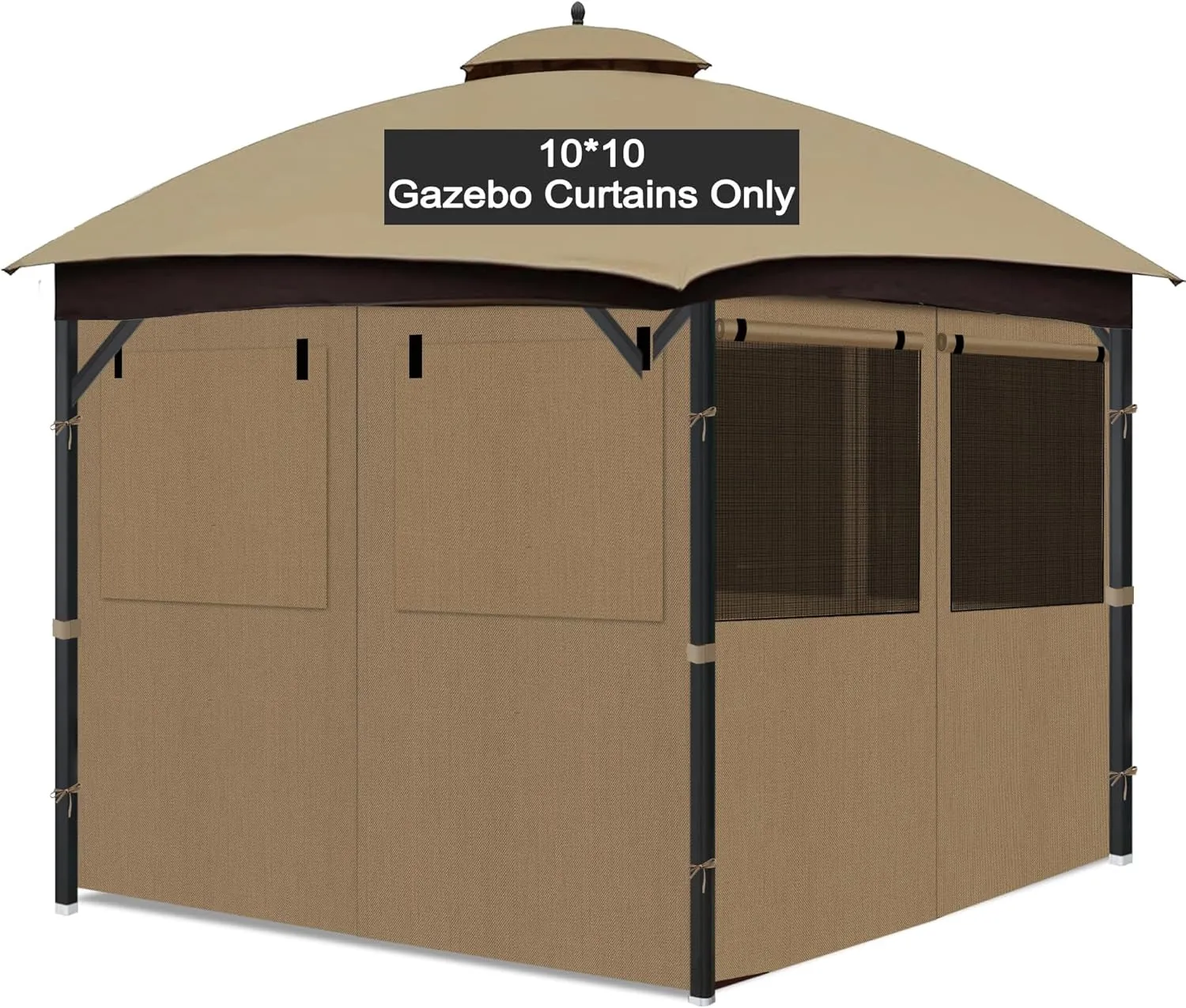 Gazebo Privacy Curtain 10'X10', Replacement Curtains with Mosquito Net Windows, 4-Panels Side Wall, Zippers, Waterproof Outdoor Curtains for Patio, Canopy, Garden and Backyard, Khaki (Curtain Only)