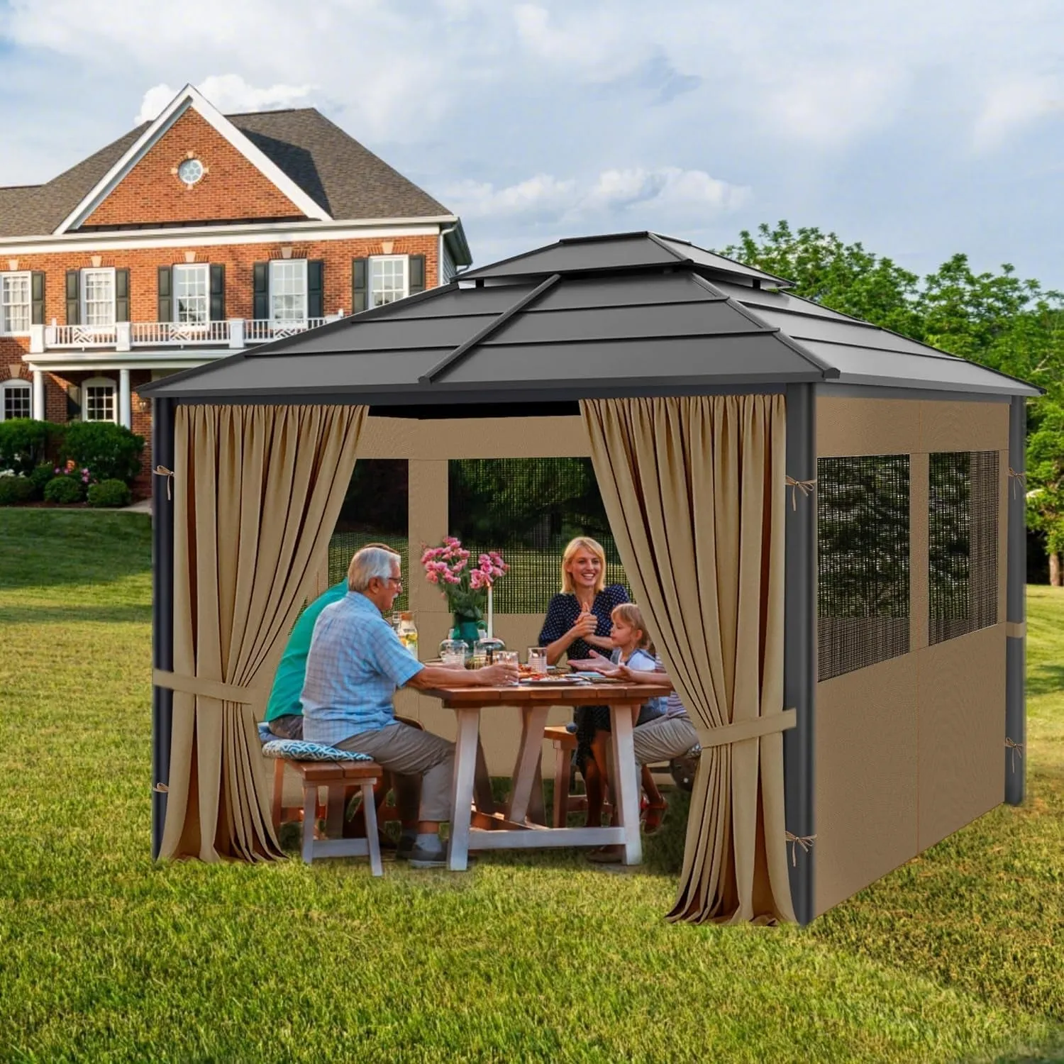 Gazebo Privacy Curtains 10' X 10' with Mosquito Windows, 4-Panels Side Wall with Zipper Universal Replacement for Patio, Outdoor Canopy, Garden and Backyard, Khaki (Curtain Only)