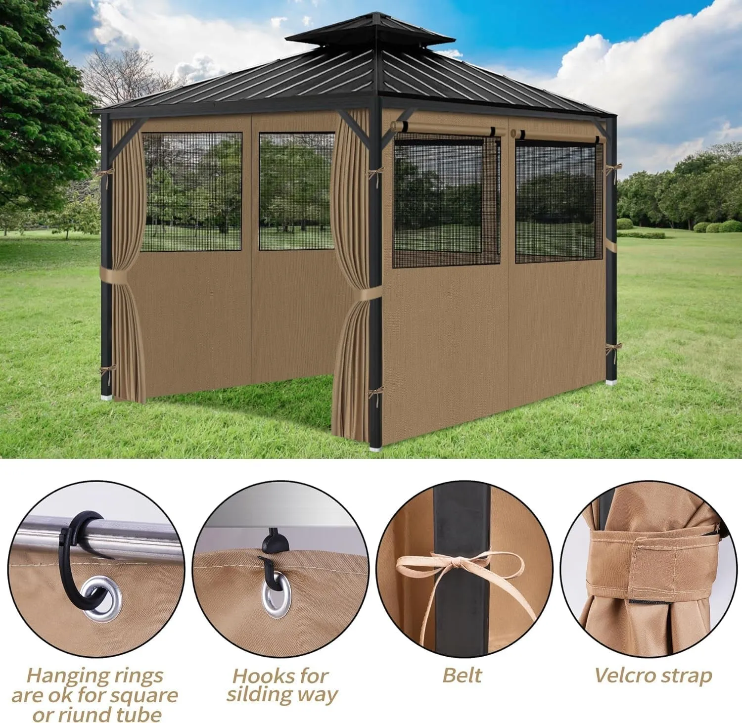 Gazebo Privacy Curtains 10' X 10' with Mosquito Windows, 4-Panels Side Wall with Zipper Universal Replacement for Patio, Outdoor Canopy, Garden and Backyard, Khaki (Curtain Only)