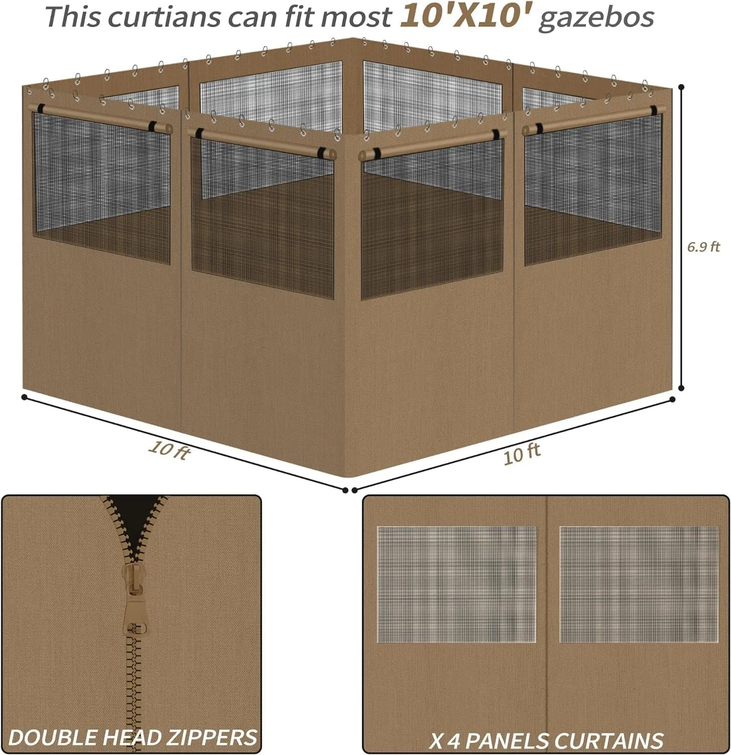 Gazebo Privacy Curtains 10' X 10' with Mosquito Windows, 4-Panels Side Wall with Zipper Universal Replacement for Patio, Outdoor Canopy, Garden and Backyard, Khaki (Curtain Only)