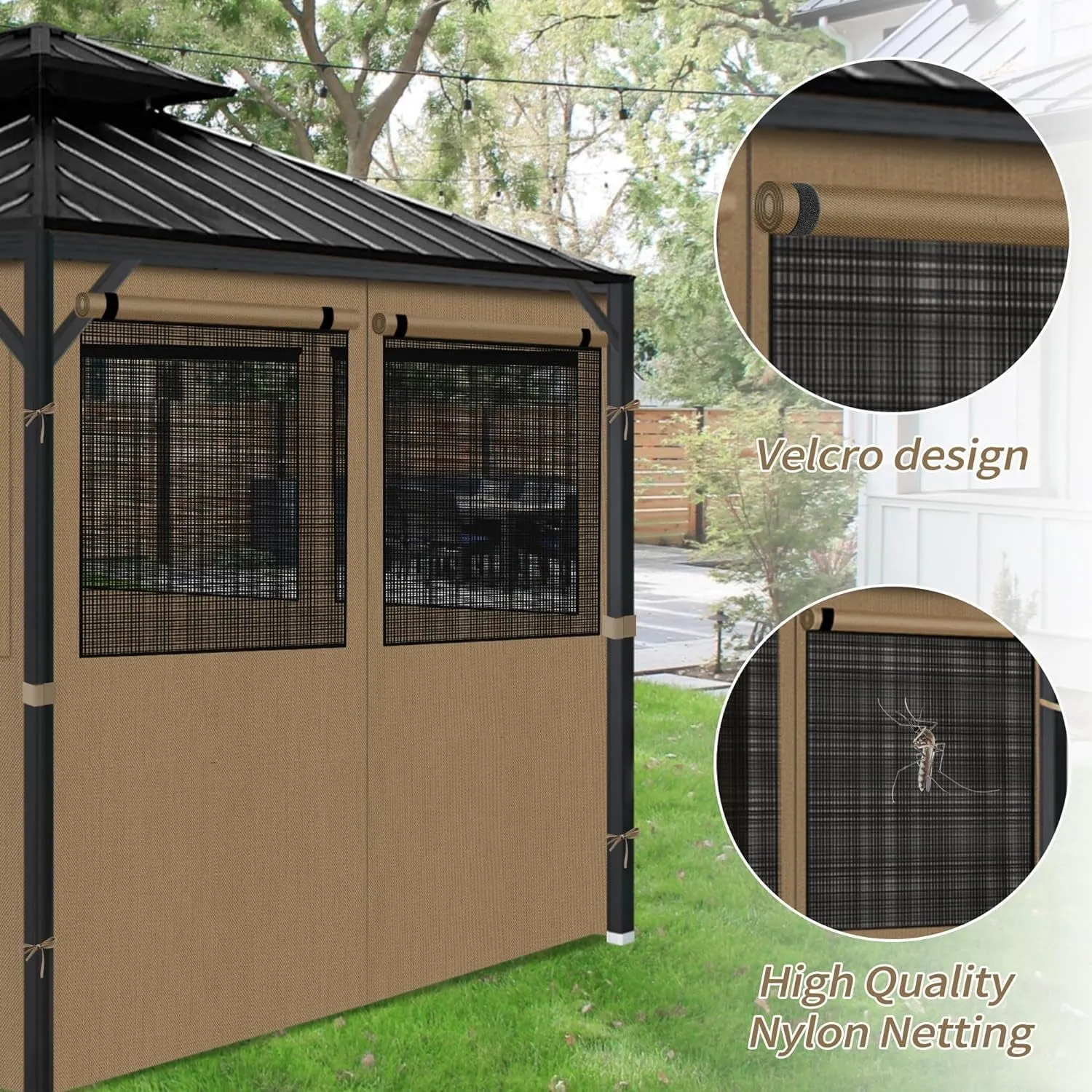 Gazebo Privacy Curtains 10' X 10' with Mosquito Windows, 4-Panels Side Wall with Zipper Universal Replacement for Patio, Outdoor Canopy, Garden and Backyard, Khaki (Curtain Only)