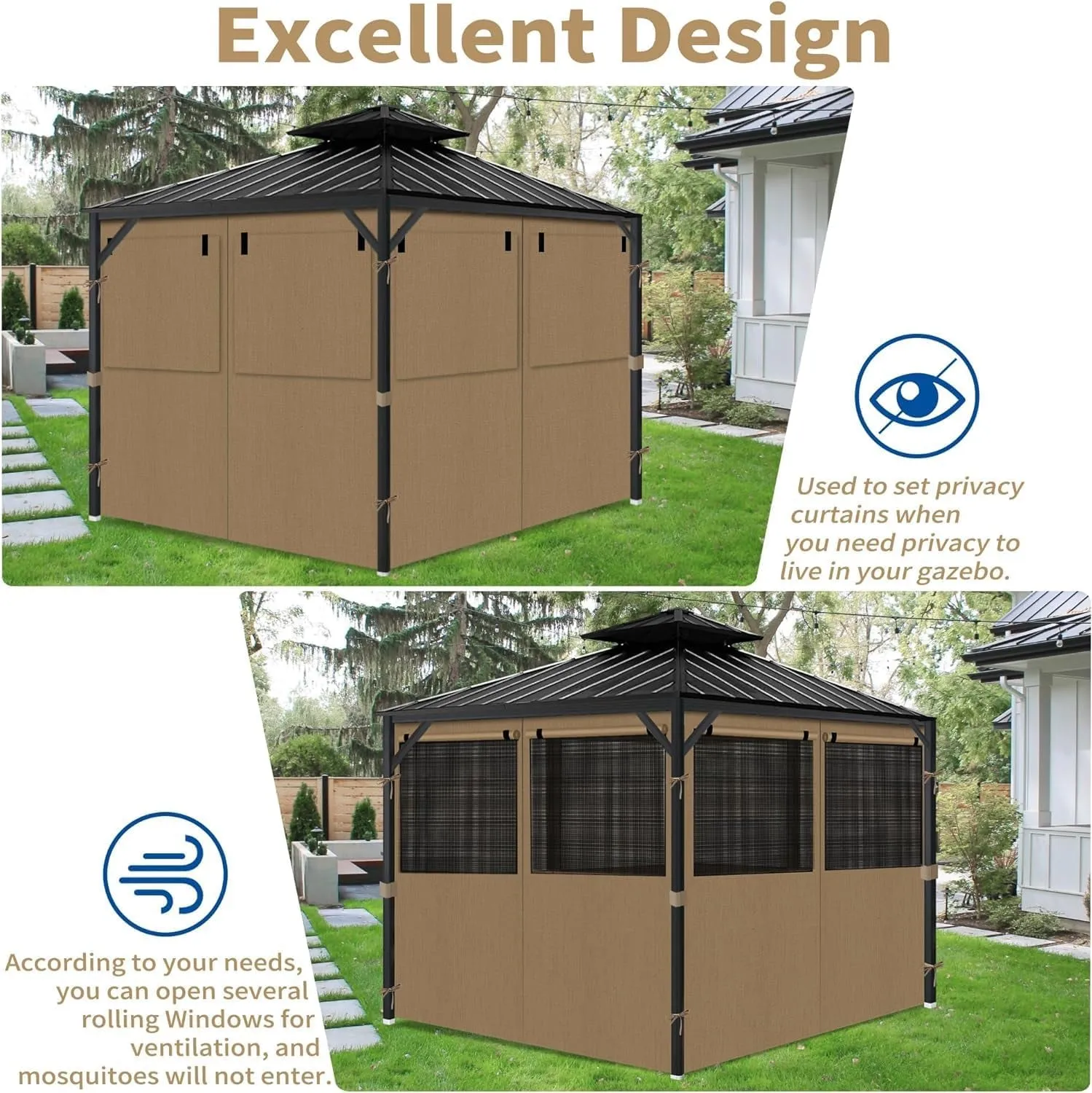 Gazebo Privacy Curtains 10' X 10' with Mosquito Windows, 4-Panels Side Wall with Zipper Universal Replacement for Patio, Outdoor Canopy, Garden and Backyard, Khaki (Curtain Only)