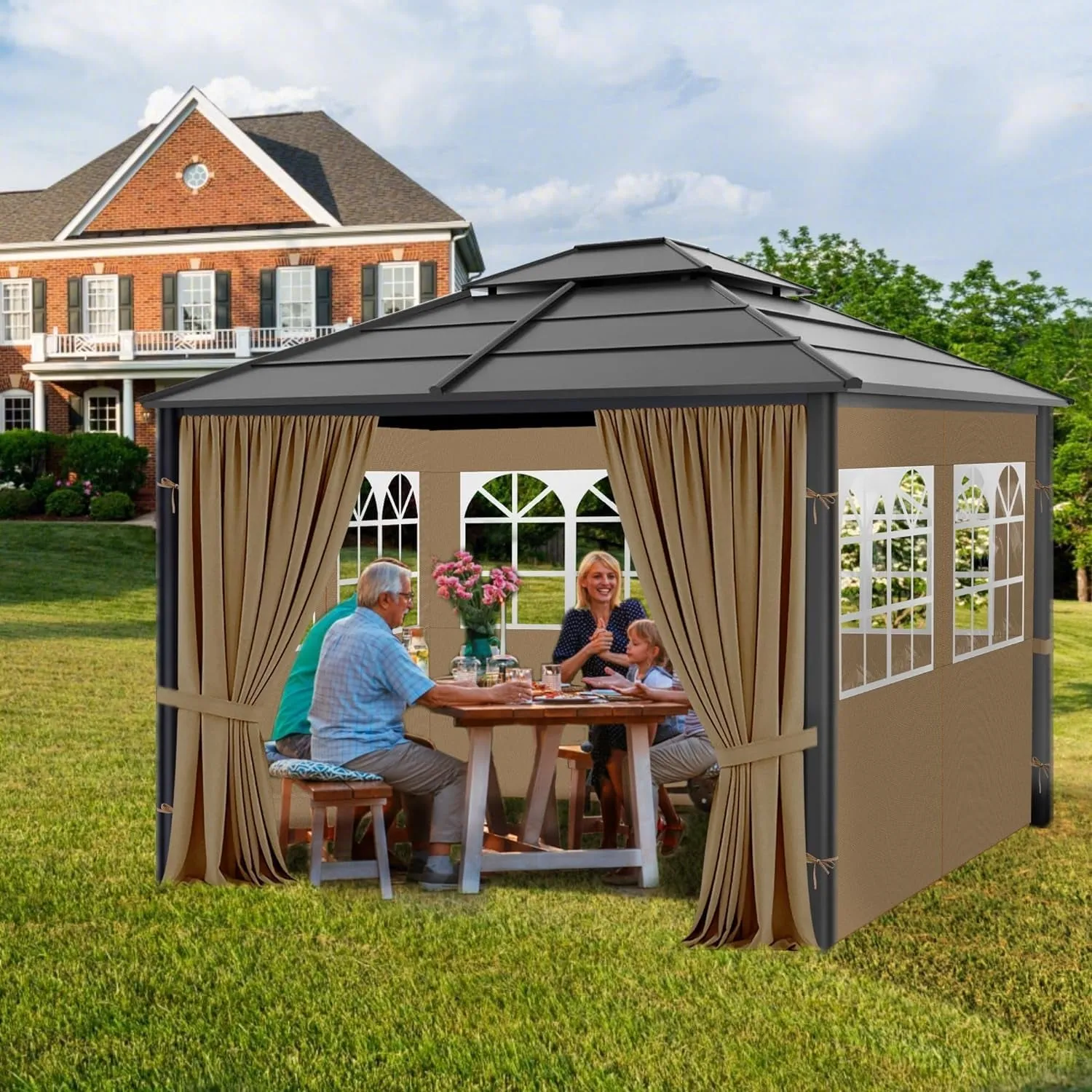 Gazebo Privacy Curtains 10' X 10' with PVC Windows, 4-Panels Side Wall with Zipper Universal Replacement for Patio, Outdoor Canopy, Garden and Backyard, Khaki (Curtain Only)