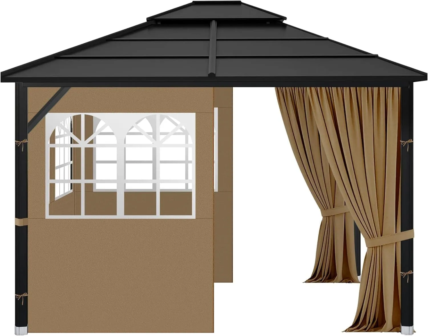 Gazebo Privacy Curtains 10' X 10' with PVC Windows, 4-Panels Side Wall with Zipper Universal Replacement for Patio, Outdoor Canopy, Garden and Backyard, Khaki (Curtain Only)