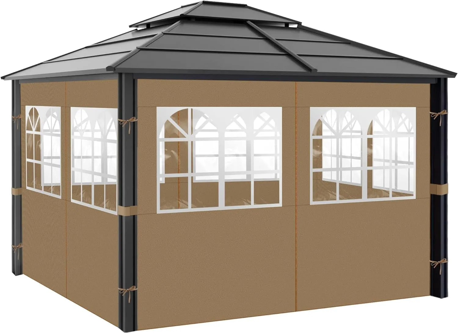 Gazebo Privacy Curtains 10' X 10' with PVC Windows, 4-Panels Side Wall with Zipper Universal Replacement for Patio, Outdoor Canopy, Garden and Backyard, Khaki (Curtain Only)