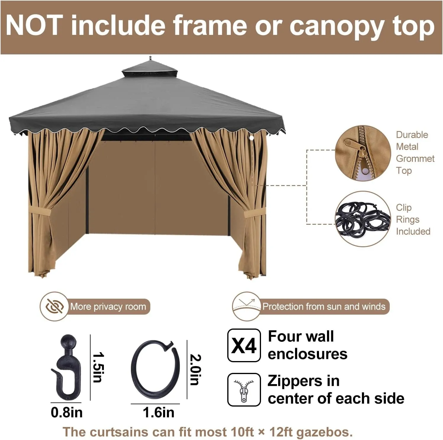 Gazebo Privacy Curtains 10' X 12' with Zipper 4-Panels Side Wall Universal Replacement for Patio, Outdoor Canopy, Garden and Backyard (Curtain Only)