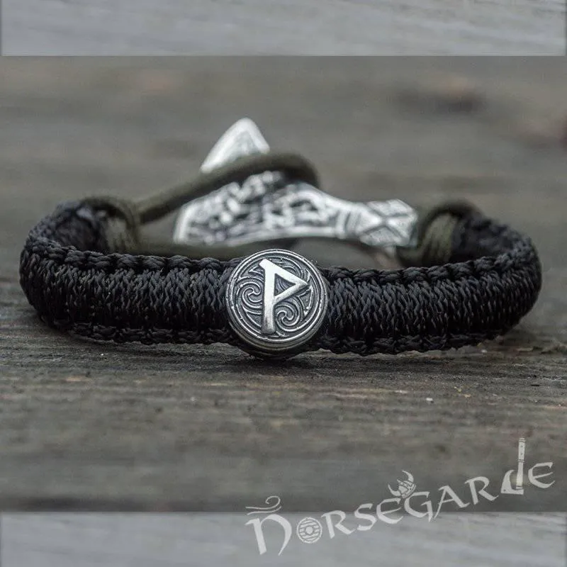 Handcrafted Black Paracord Bracelet with Axe Head and Rune - Sterling Silver