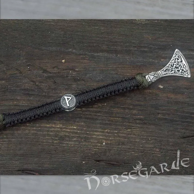 Handcrafted Black Paracord Bracelet with Axe Head and Rune - Sterling Silver