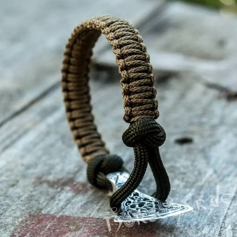 Handcrafted Coffee Paracord Bracelet with Axe Head - Sterling Silver