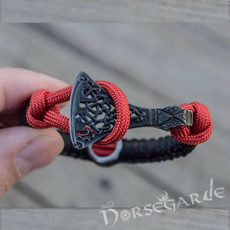 Handcrafted Embers Paracord Bracelet with Axe Head and Rune - Ruthenium Plated Sterling Silver