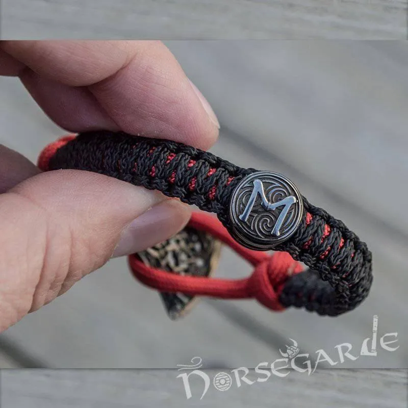 Handcrafted Embers Paracord Bracelet with Axe Head and Rune - Ruthenium Plated Sterling Silver