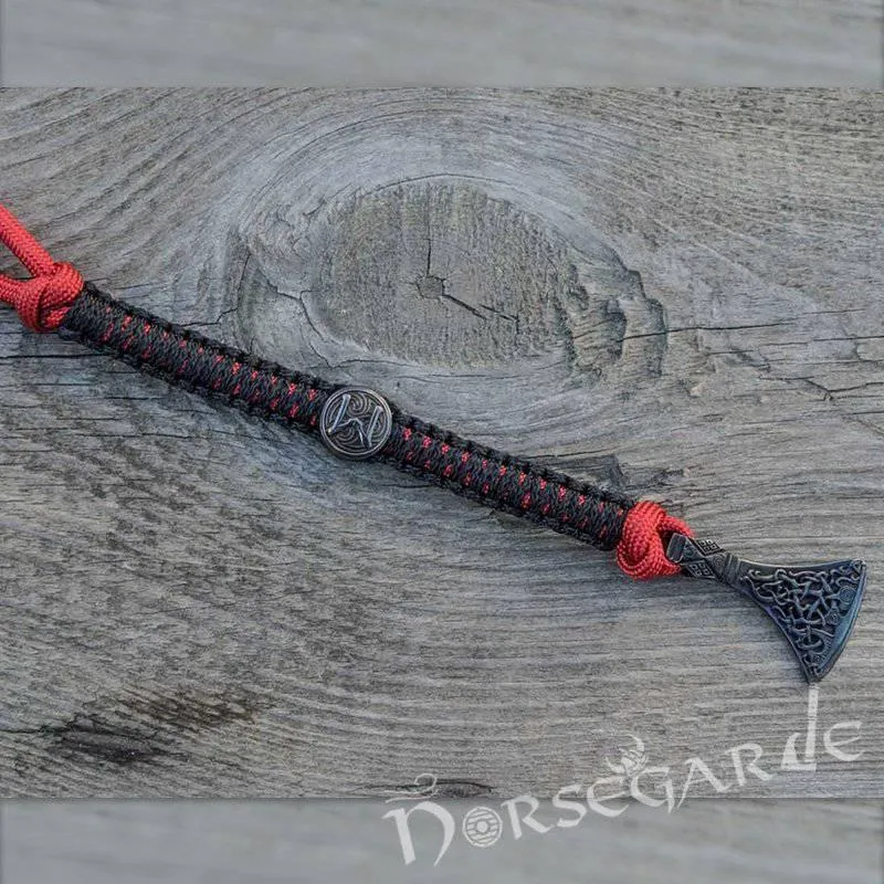 Handcrafted Embers Paracord Bracelet with Axe Head and Rune - Ruthenium Plated Sterling Silver