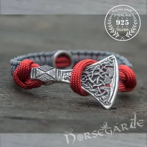 Handcrafted Embers Paracord Bracelet with Axe Head and Rune - Sterling Silver