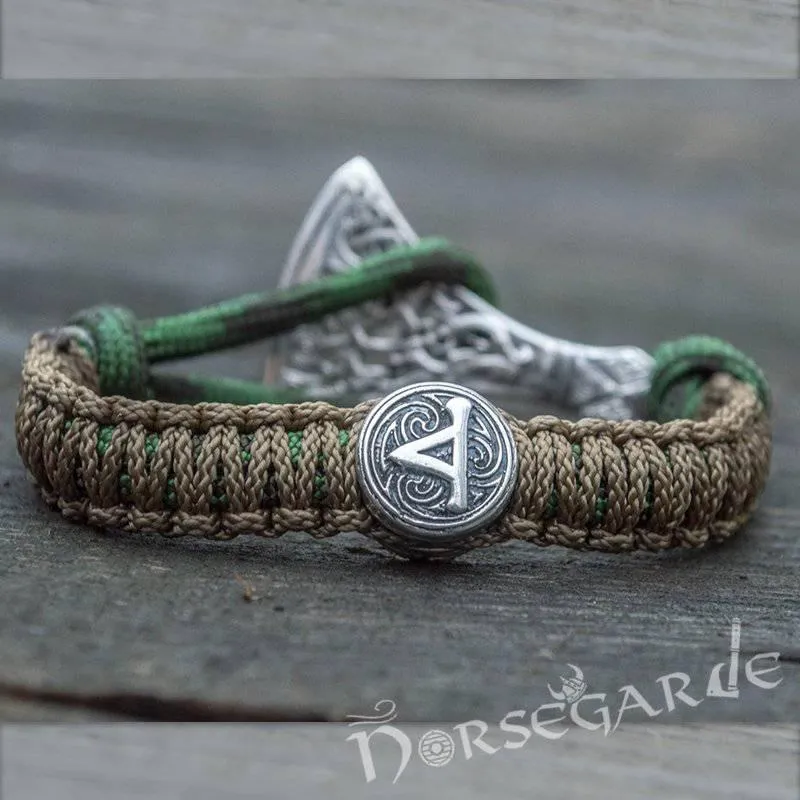 Handcrafted Forest Paracord Bracelet with Axe Head and Rune - Sterling Silver