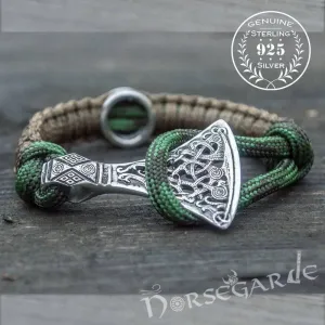 Handcrafted Forest Paracord Bracelet with Axe Head and Rune - Sterling Silver