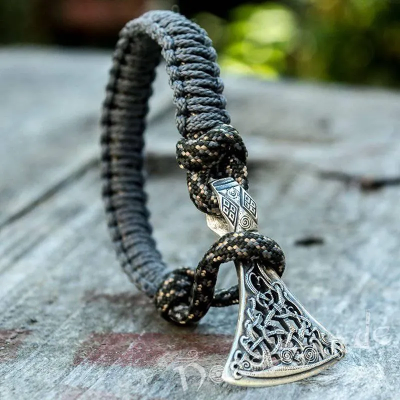 Handcrafted Grey Paracord Bracelet with Axe Head - Sterling Silver