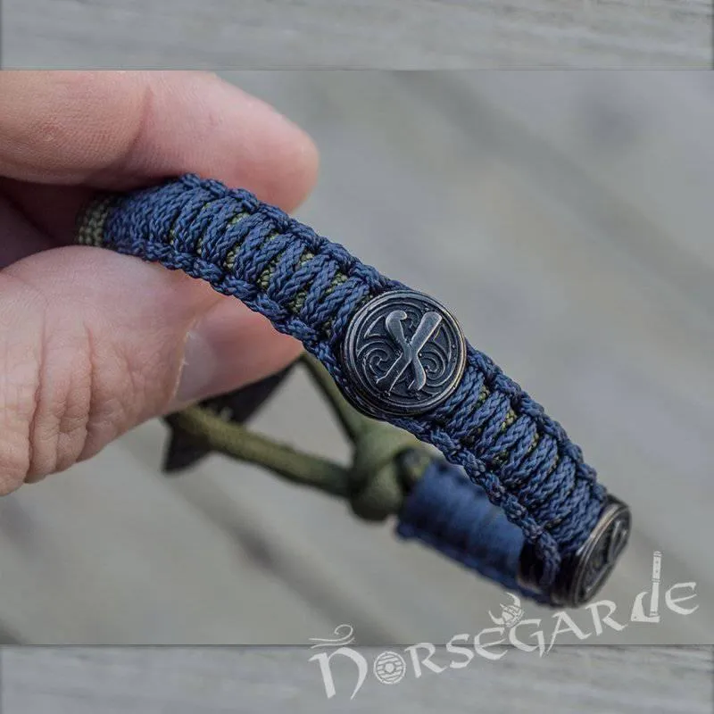 Handcrafted Lilypad Paracord Bracelet with Axe Head and Rune - Ruthenium Plated Sterling Silver