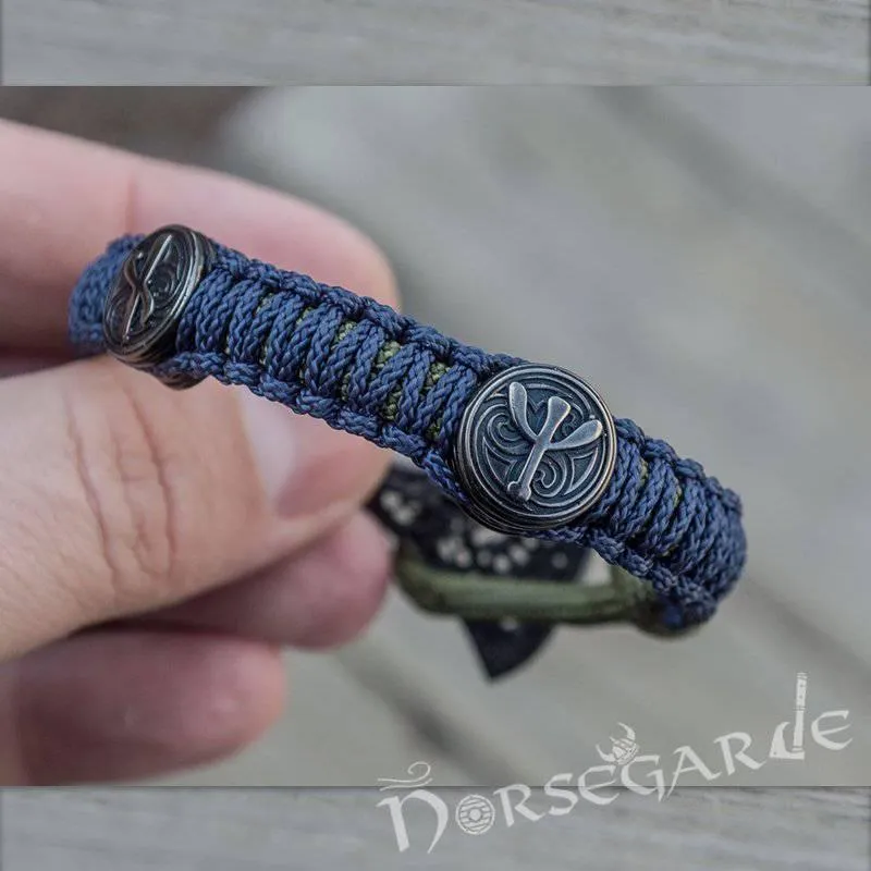 Handcrafted Lilypad Paracord Bracelet with Axe Head and Rune - Ruthenium Plated Sterling Silver