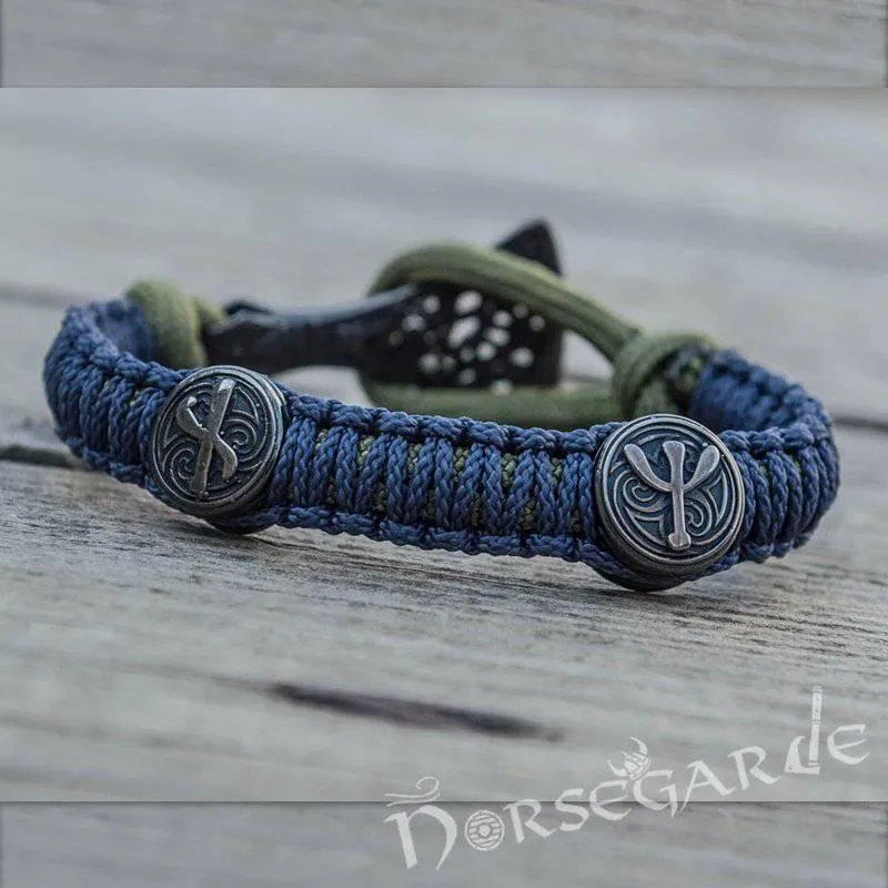 Handcrafted Lilypad Paracord Bracelet with Axe Head and Rune - Ruthenium Plated Sterling Silver