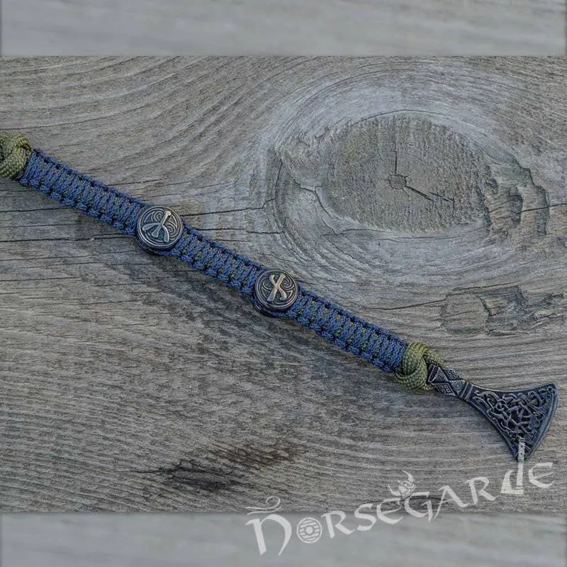 Handcrafted Lilypad Paracord Bracelet with Axe Head and Rune - Ruthenium Plated Sterling Silver