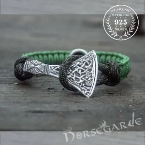 Handcrafted Meadow Paracord Bracelet with Axe Head and Rune - Sterling Silver