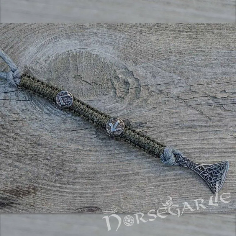 Handcrafted Olive Paracord Bracelet with Axe Head and Rune - Ruthenium Plated Sterling Silver