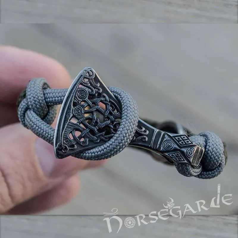 Handcrafted Olive Paracord Bracelet with Axe Head and Rune - Ruthenium Plated Sterling Silver