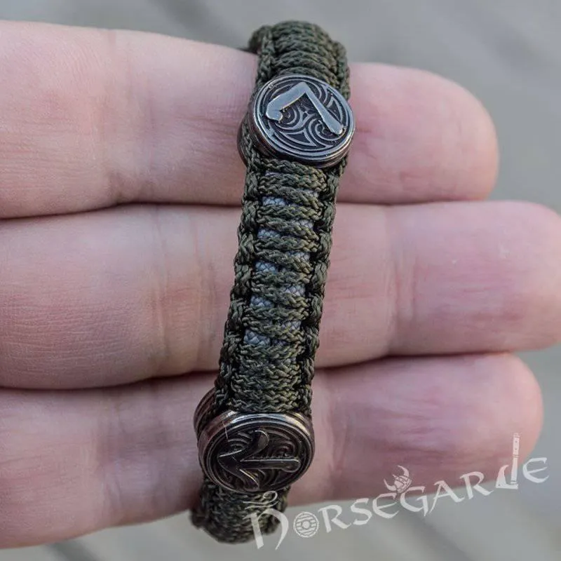 Handcrafted Olive Paracord Bracelet with Axe Head and Rune - Ruthenium Plated Sterling Silver