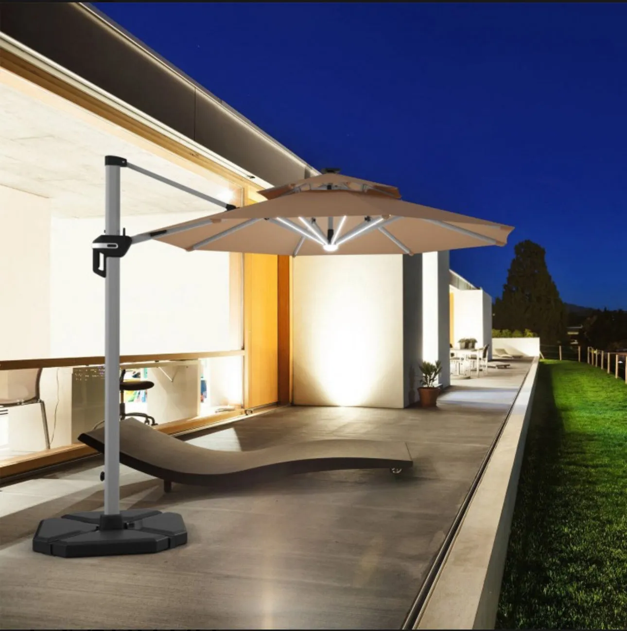 Heavy Duty Aluminum Solar Power LED Light Patio Cantilever Umbrella 10Ft Without Weight Base