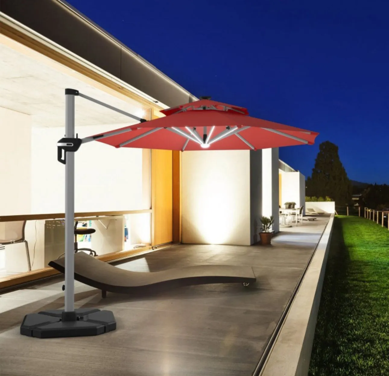 Heavy Duty Aluminum Solar Power LED Light Patio Cantilever Umbrella 10Ft Without Weight Base