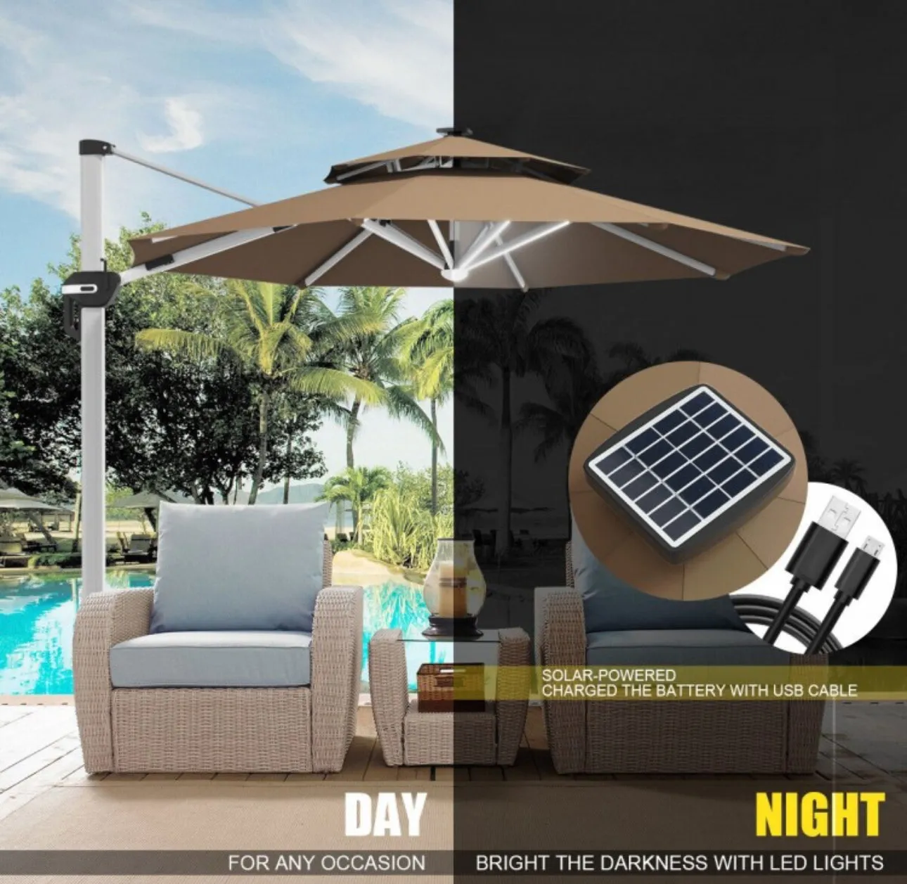 Heavy Duty Aluminum Solar Power LED Light Patio Cantilever Umbrella 10Ft Without Weight Base