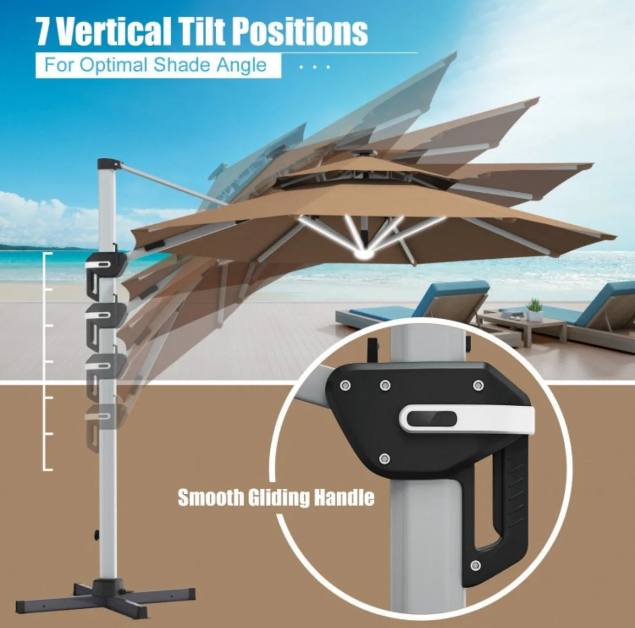 Heavy Duty Aluminum Solar Power LED Light Patio Cantilever Umbrella 10Ft Without Weight Base