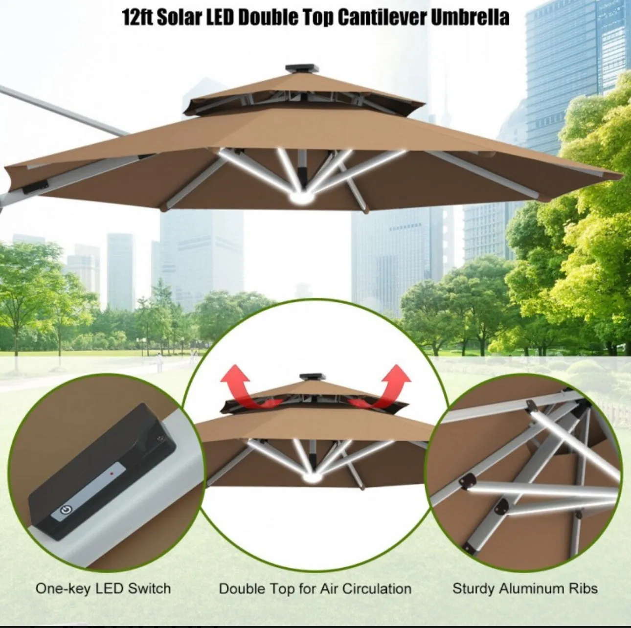 Heavy Duty Aluminum Solar Power LED Light Patio Cantilever Umbrella 10Ft Without Weight Base