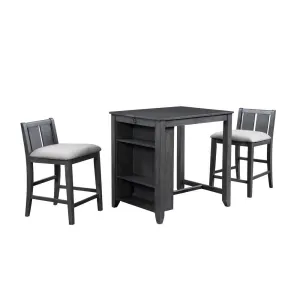 Hia 3 Piece Counter Table Set, Cushioned Seats, 2 Shelves, Smooth Gray By Casagear Home