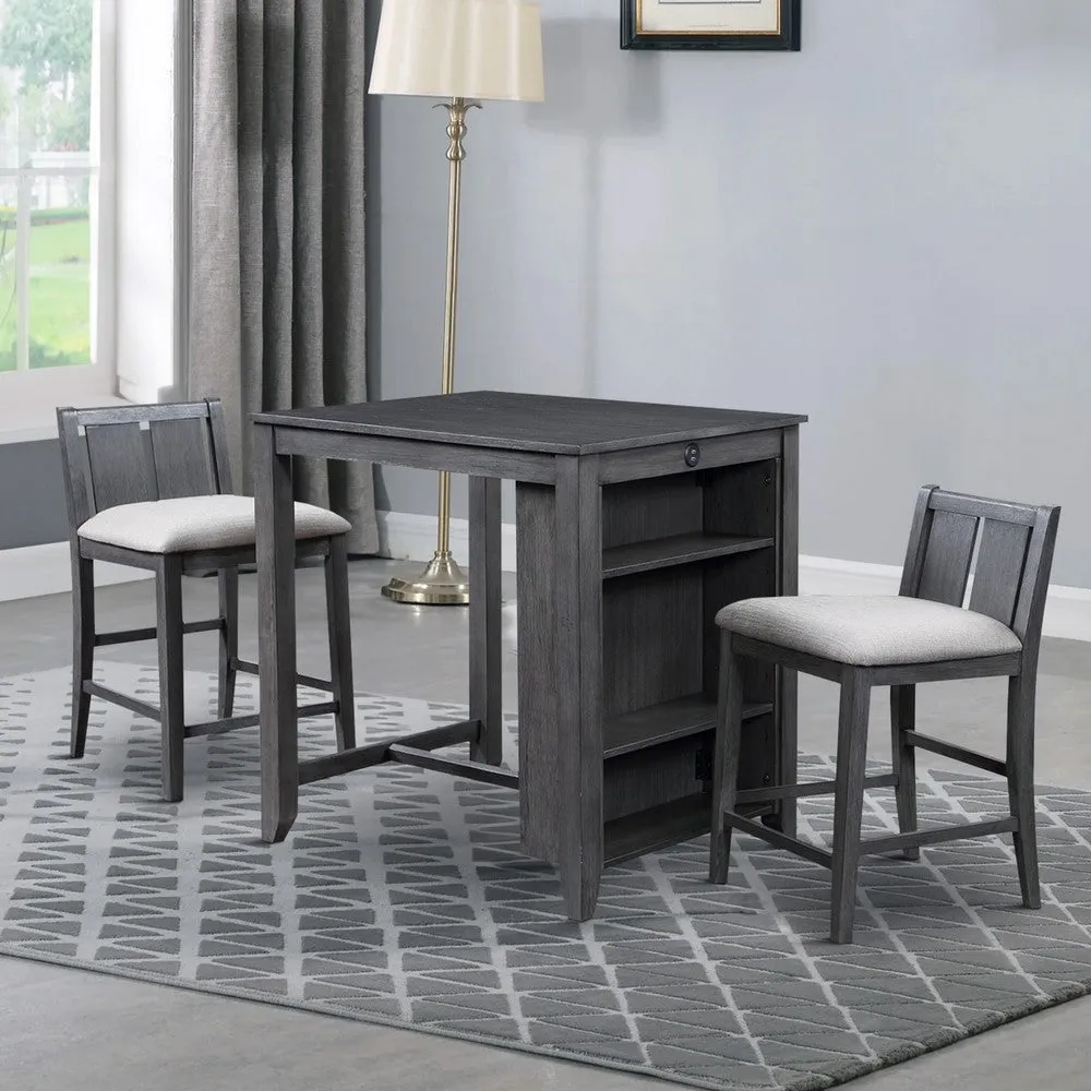 Hia 3 Piece Counter Table Set, Cushioned Seats, 2 Shelves, Smooth Gray By Casagear Home