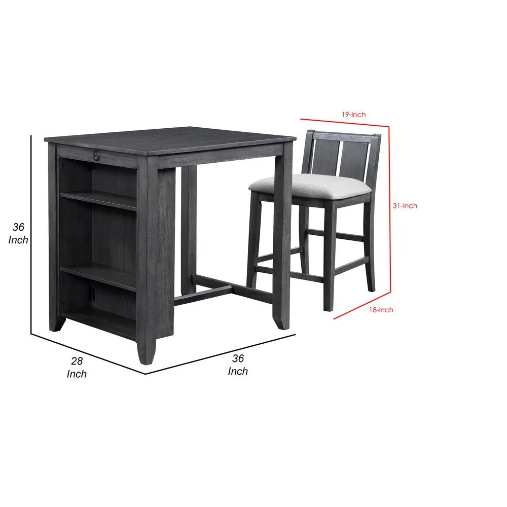 Hia 3 Piece Counter Table Set, Cushioned Seats, 2 Shelves, Smooth Gray By Casagear Home