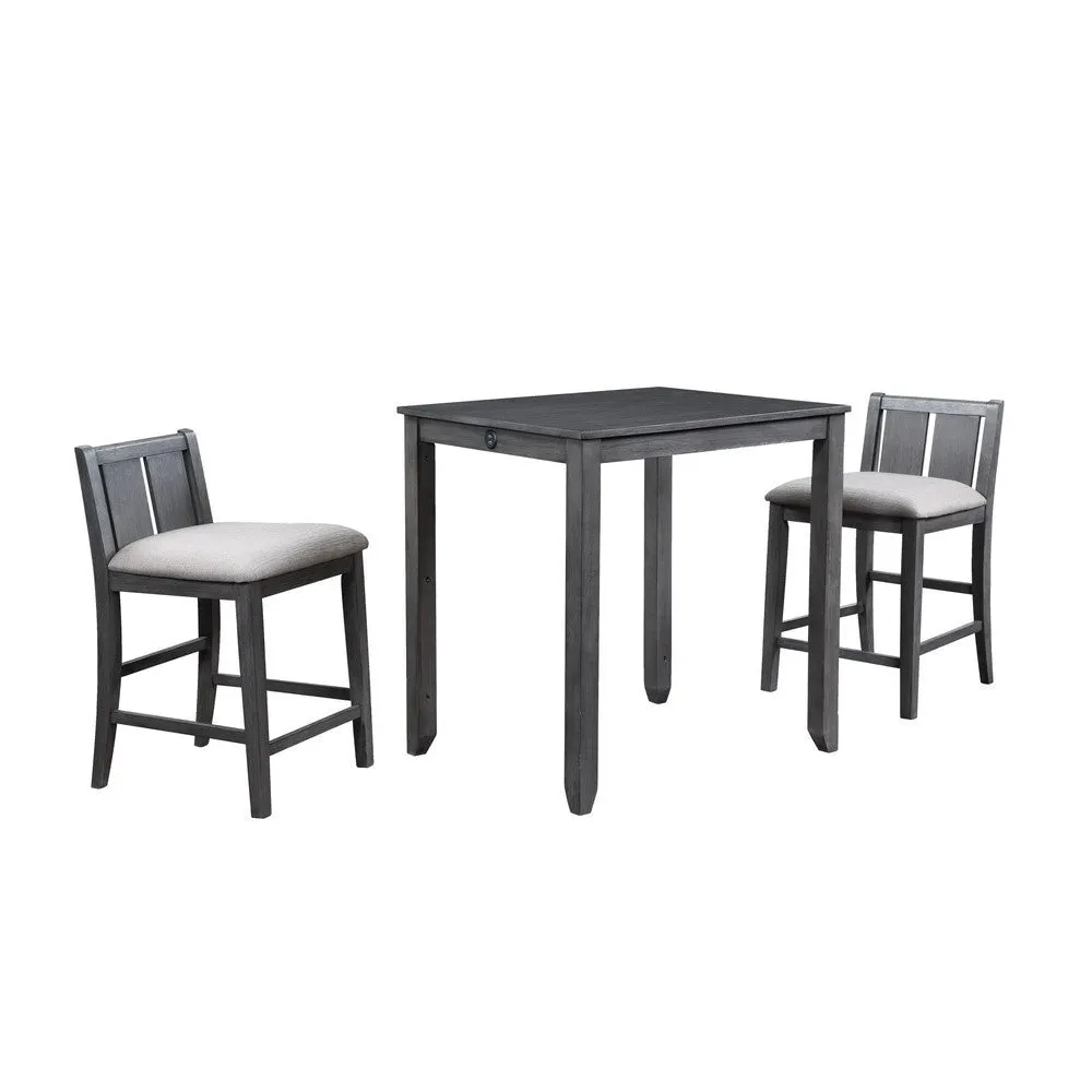 Hia 3 Piece Counter Table Set, Cushioned Seats, 2 Shelves, Smooth Gray By Casagear Home