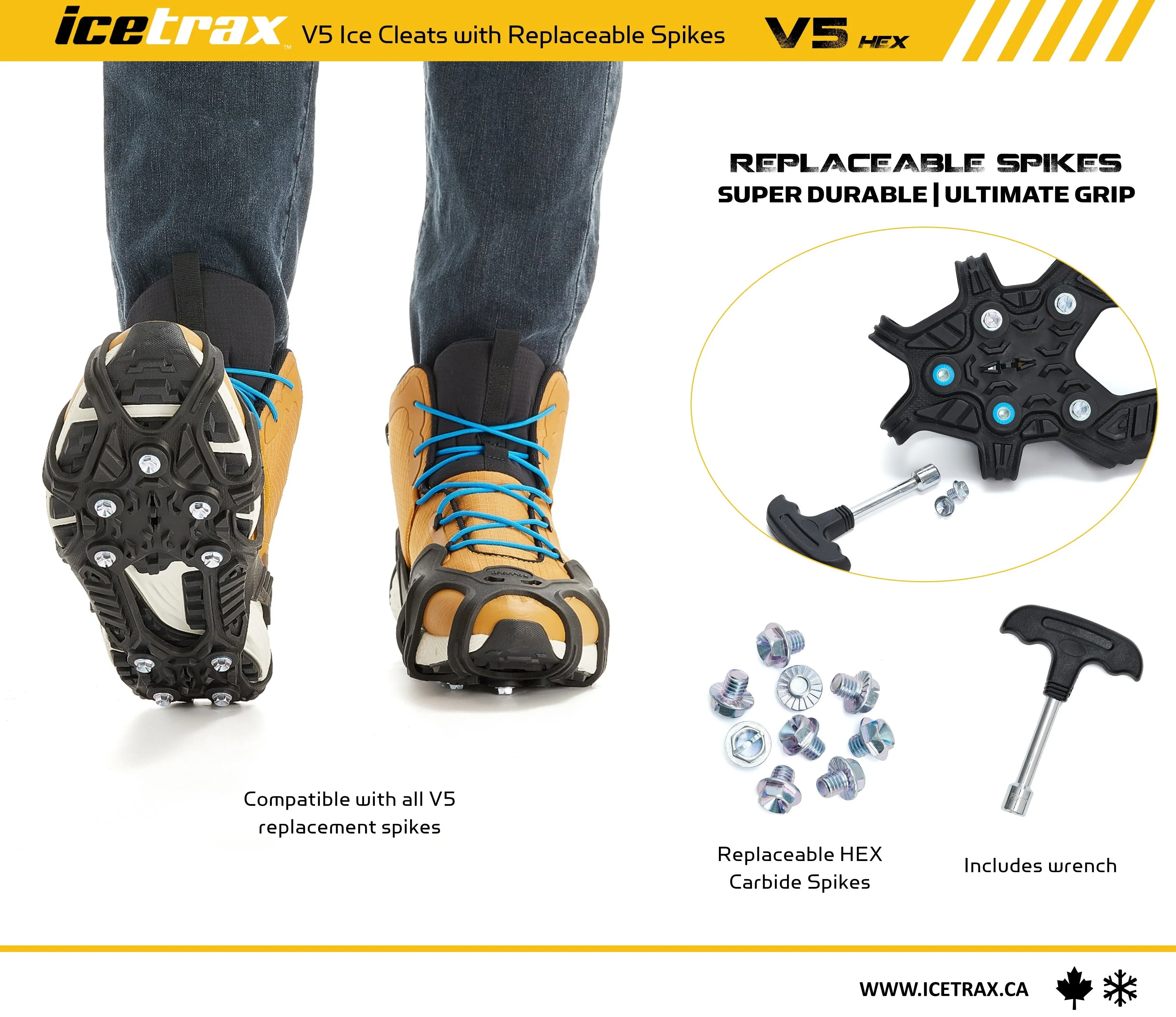 ICETRAX V5 HEX Ice Cleats, Easy to Replace Spikes