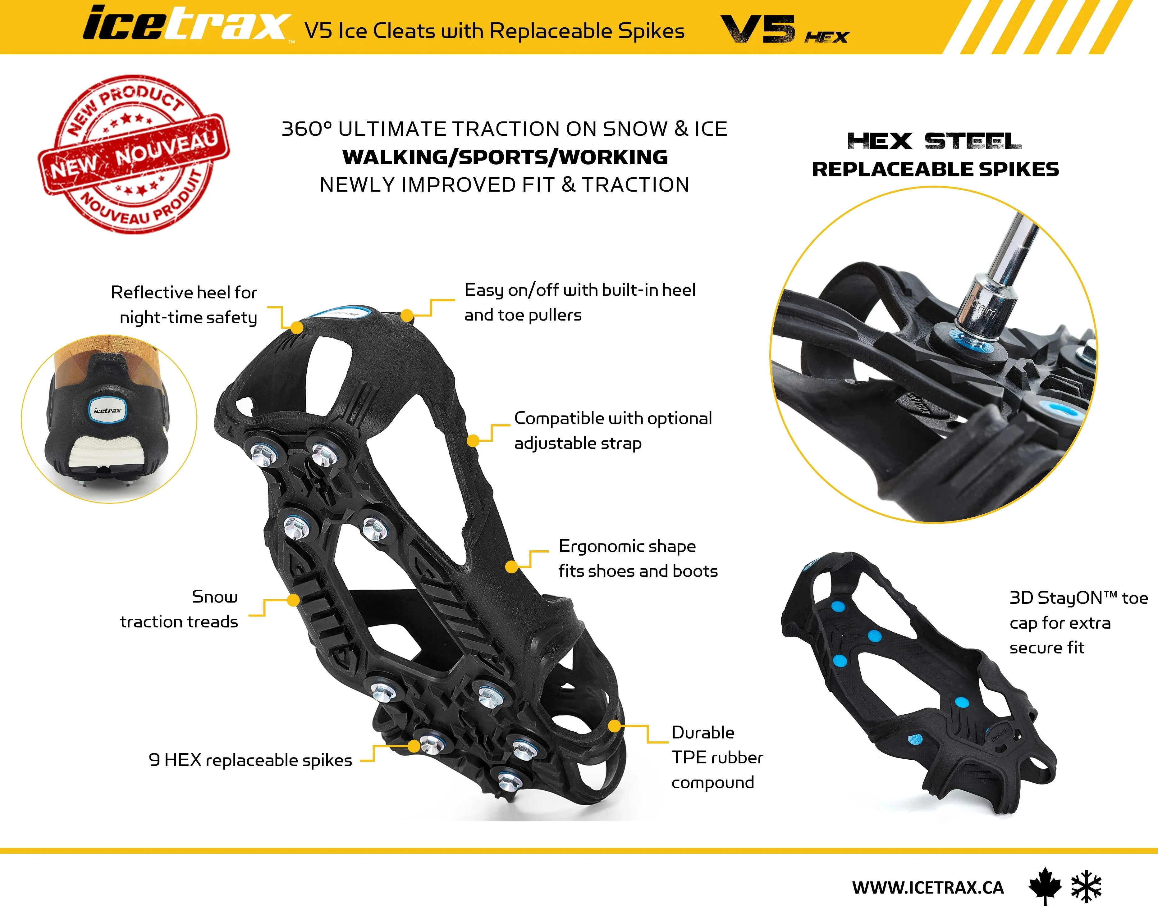 ICETRAX V5 HEX Ice Cleats, Easy to Replace Spikes