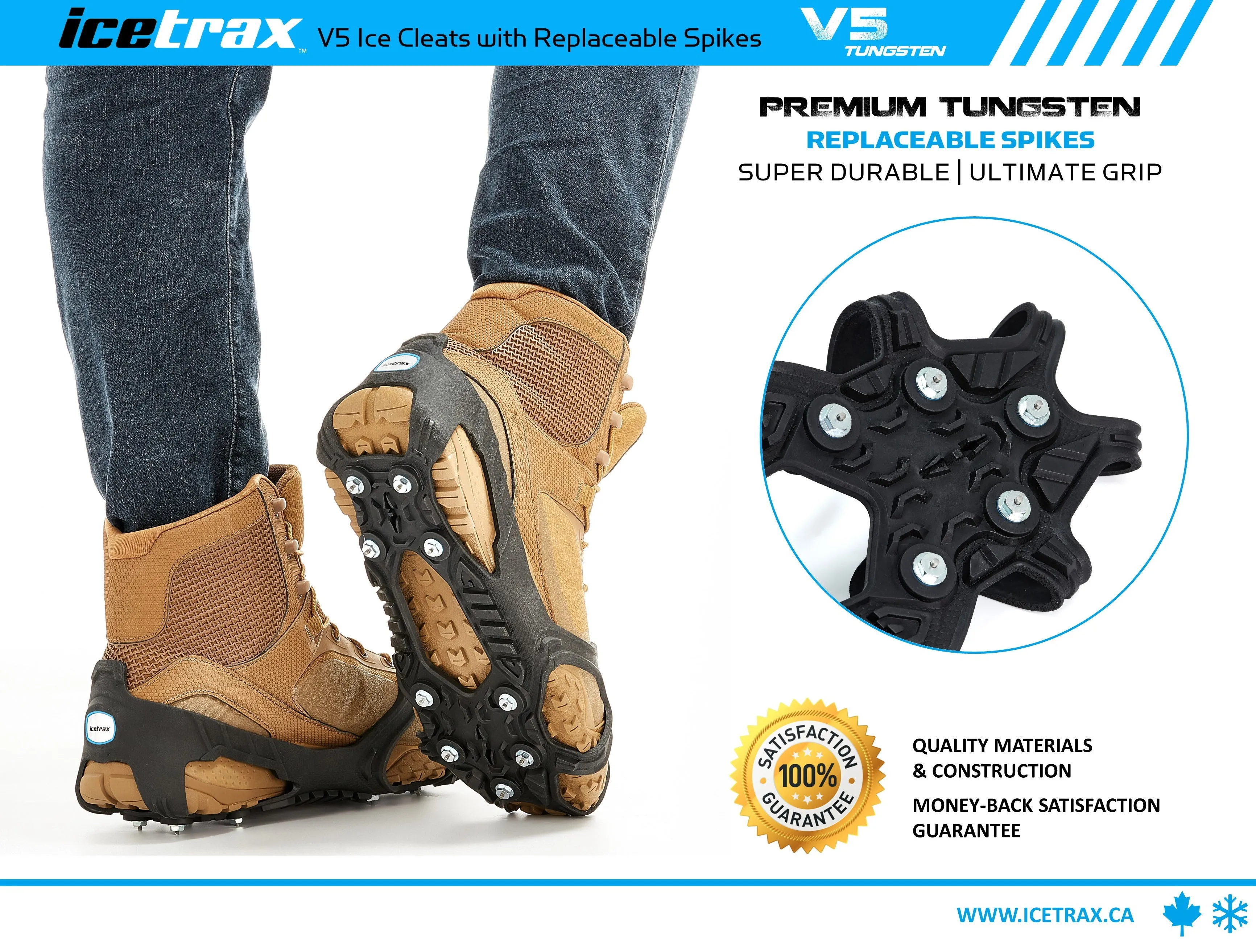 ICETRAX V5 Tungsten Ice Cleats, Easy to Replace Spikes