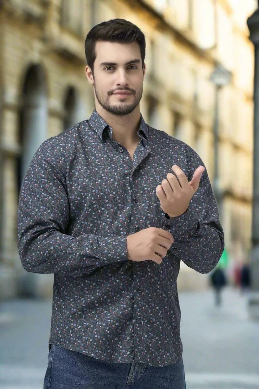 Multi Floral Print Hidden Button Down Long Sleeve Sport Shirt