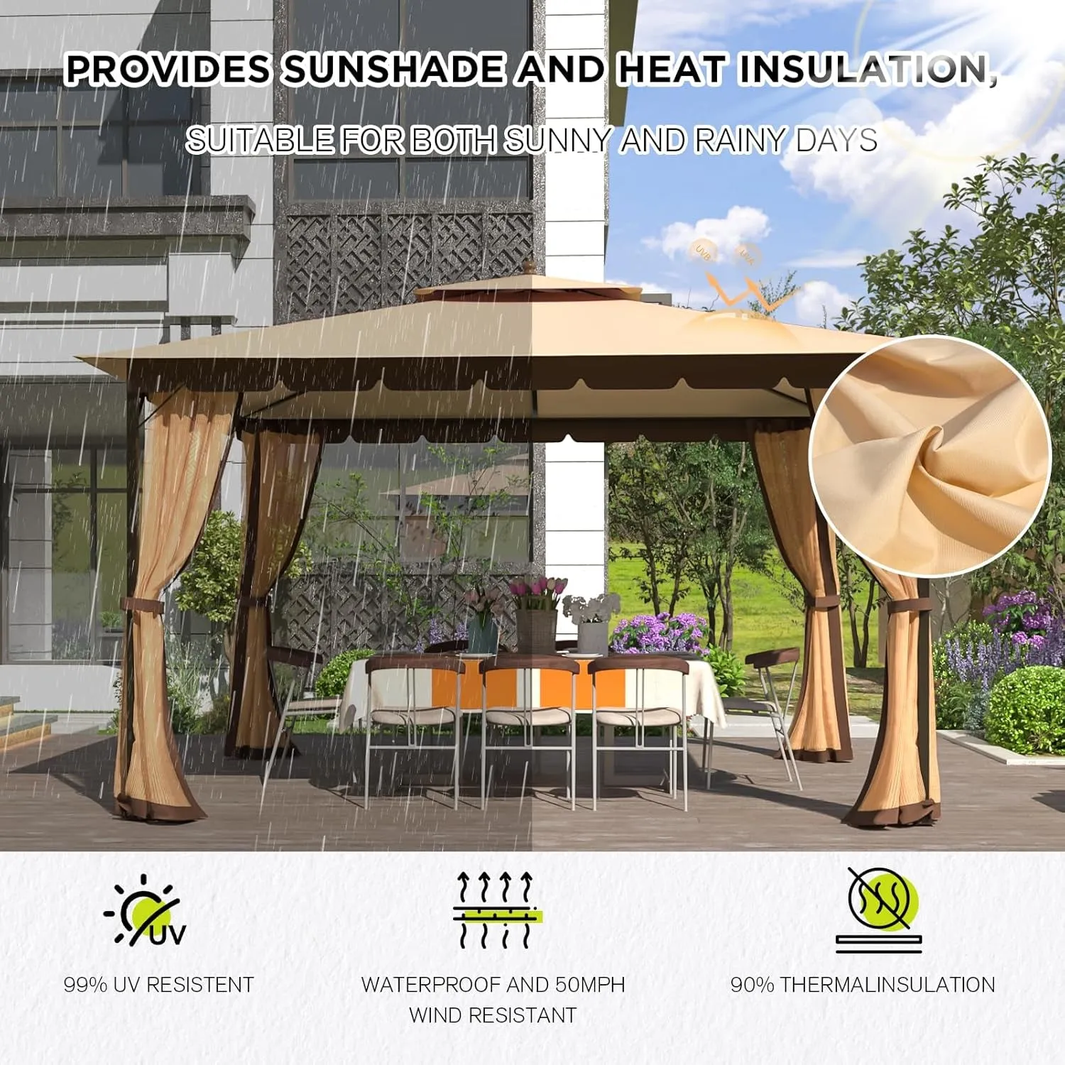 [New-Gen] Outdoor Patio Gazebo 10X12,Gazebo with Mosquito Netting[Metal Heavy Duty Frame],Outdoor Canopy Gazebo with Mosquito-Proof Wave Edge,Outdoor Gazebo Tent,Waterproof Sunshade for Deck/Backyard