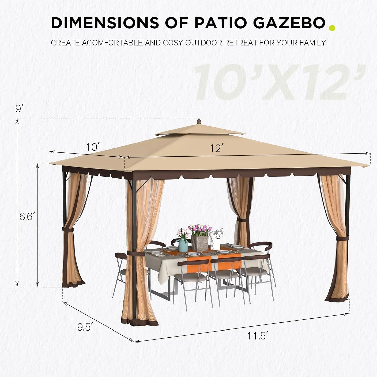 [New-Gen] Outdoor Patio Gazebo 10X12,Gazebo with Mosquito Netting[Metal Heavy Duty Frame],Outdoor Canopy Gazebo with Mosquito-Proof Wave Edge,Outdoor Gazebo Tent,Waterproof Sunshade for Deck/Backyard