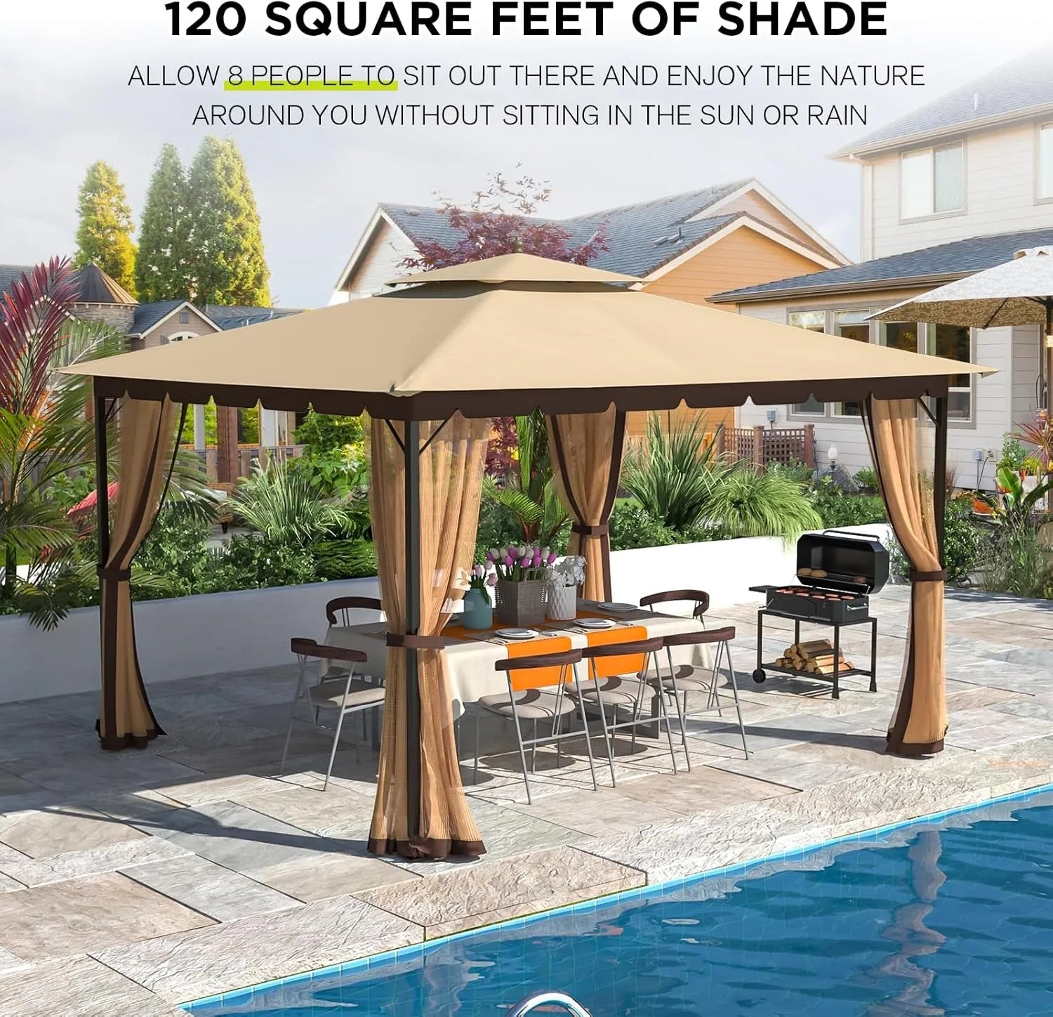 [New-Gen] Outdoor Patio Gazebo 10X12,Gazebo with Mosquito Netting[Metal Heavy Duty Frame],Outdoor Canopy Gazebo with Mosquito-Proof Wave Edge,Outdoor Gazebo Tent,Waterproof Sunshade for Deck/Backyard