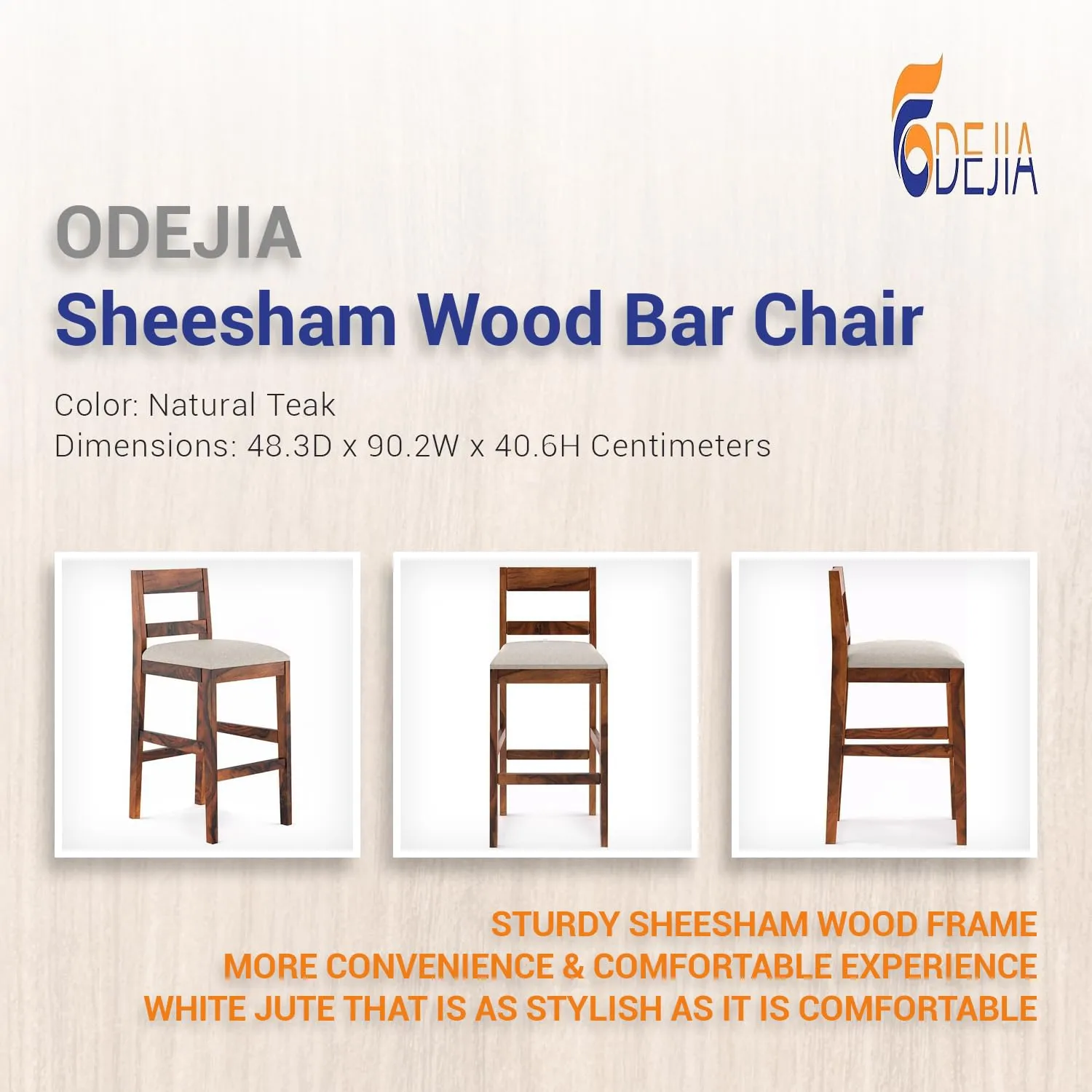 ODEJIA Solid Sheesham Wood Bar Chair Bar Stool Rosewood Natural Brown Finish., 48.3 Centimeters, Teal