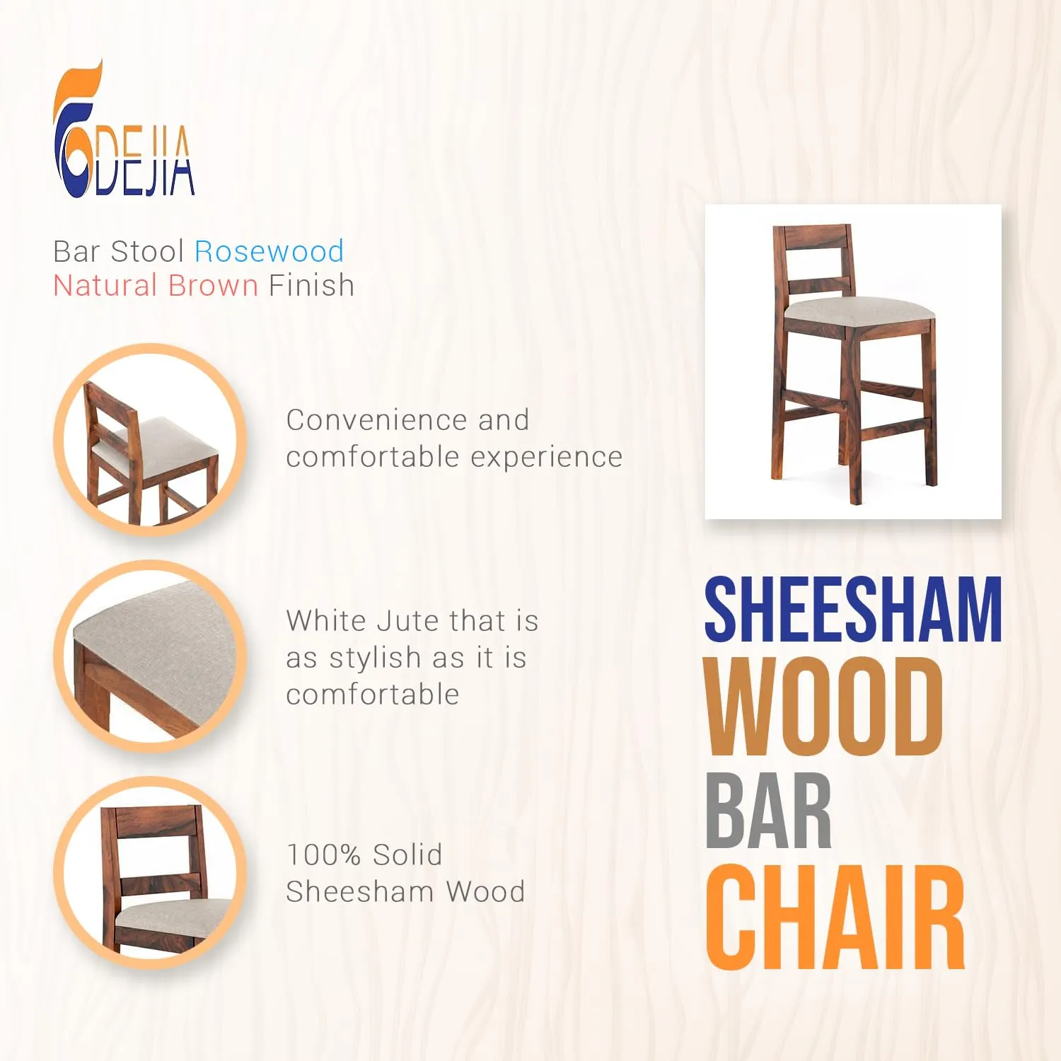 ODEJIA Solid Sheesham Wood Bar Chair Bar Stool Rosewood Natural Brown Finish., 48.3 Centimeters, Teal