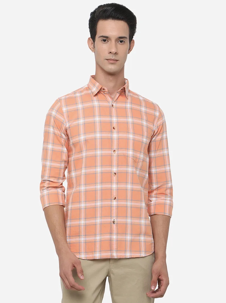 Orange & White Checked Slim Fit Semi Casual Shirt | JadeBlue