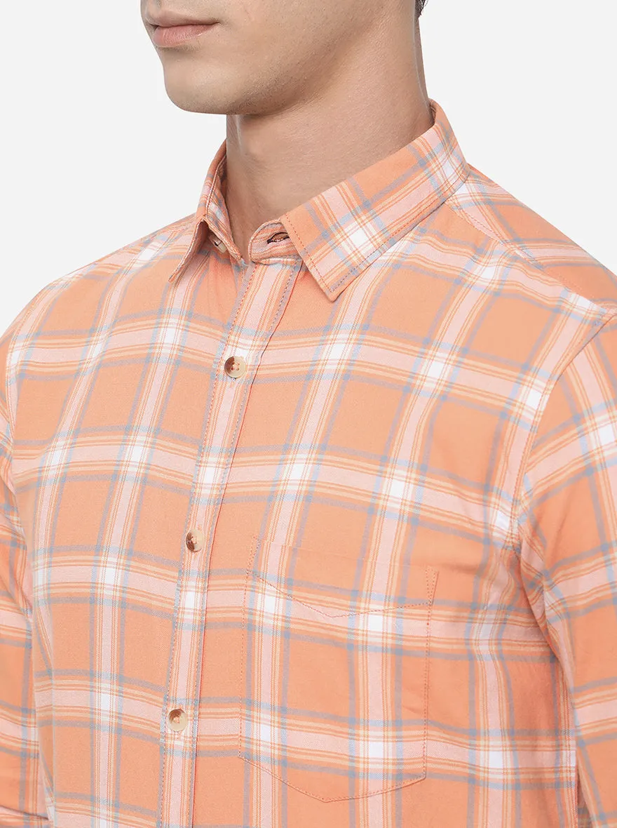 Orange & White Checked Slim Fit Semi Casual Shirt | JadeBlue