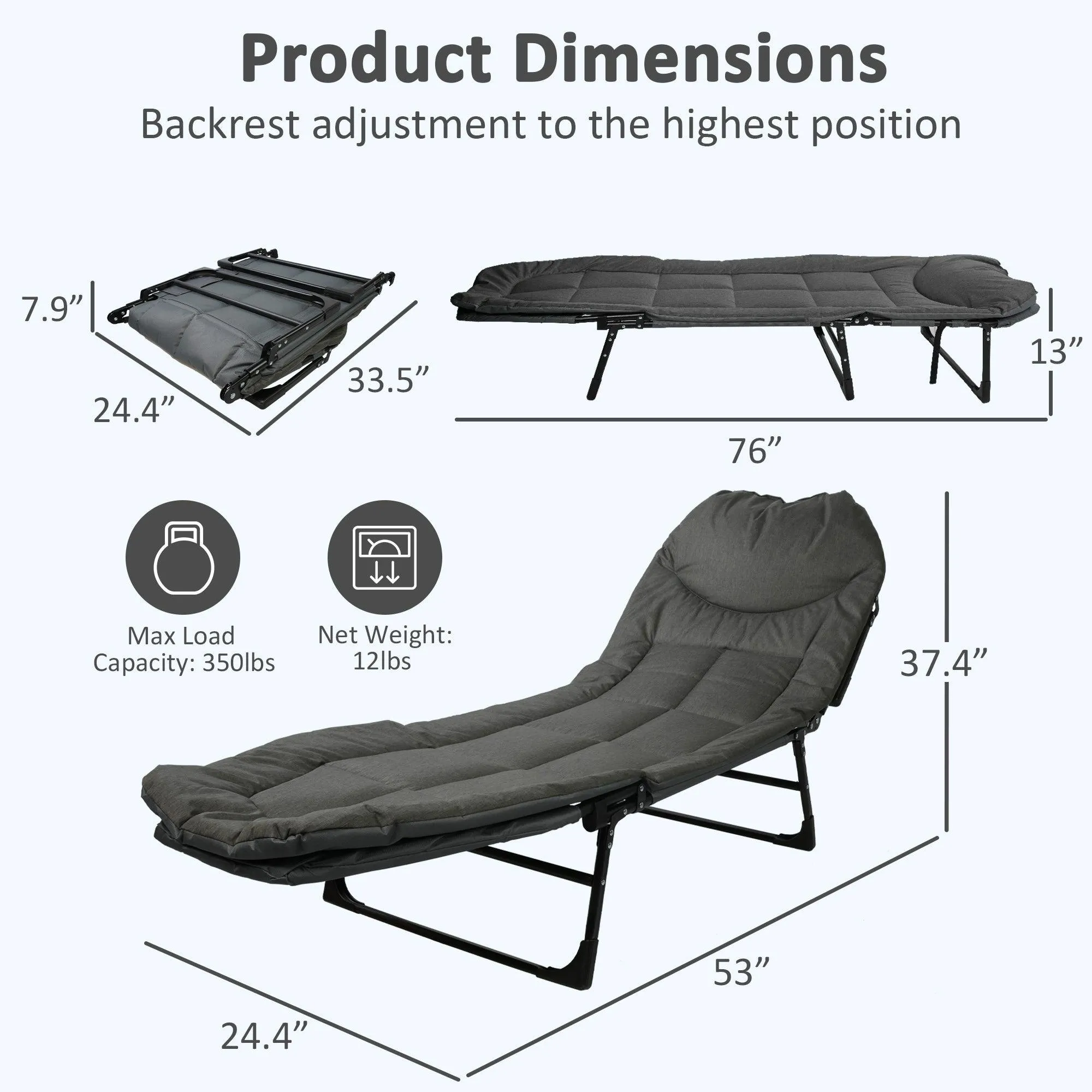 Portable Folding Camping Cots Sleeping Cots with Mattress and Adjustable Backrest, Gray